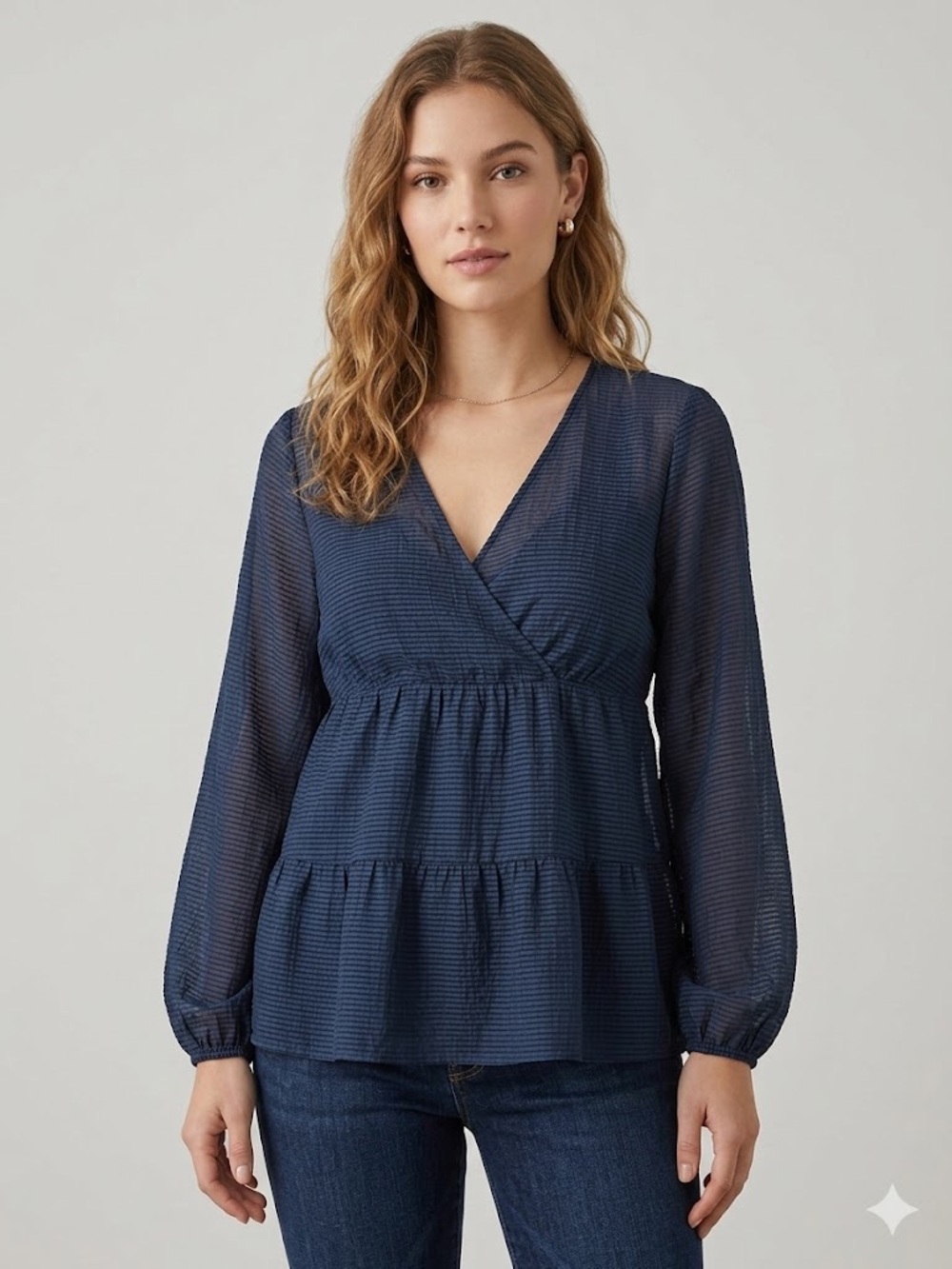 Lucky Brand Navy Blue Striped V-Neck Peplum Top, Size Large